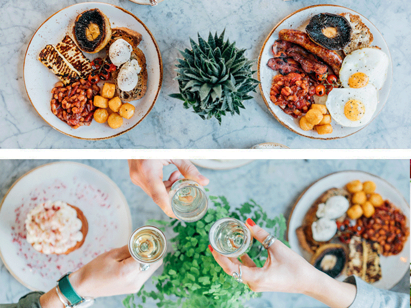 Cafe Coho brunch plates and friends sharing drinks